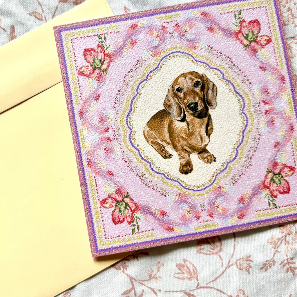 "Wisteria Petal Reverie" Red Smooth-Haired Dachshund Greeting Card