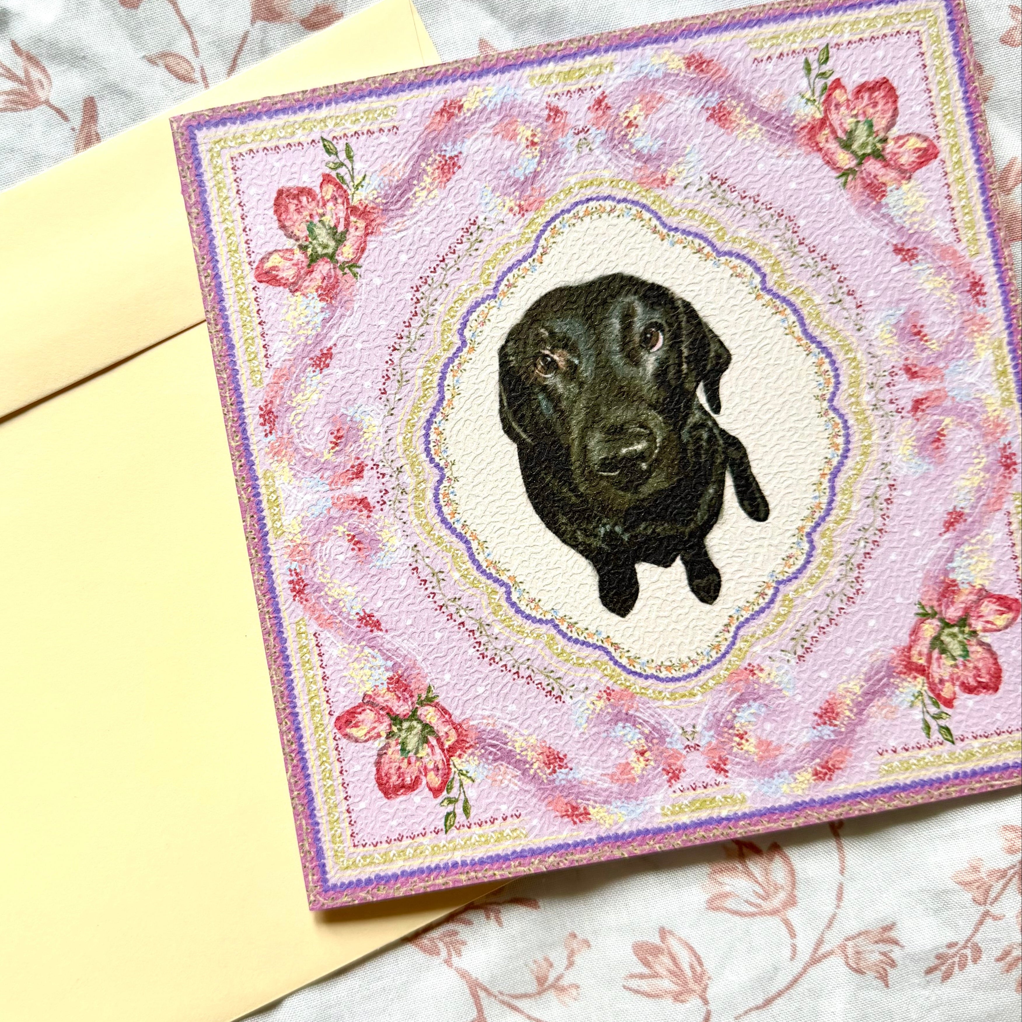 "Wisteria Petal Reverie" Black Labrador Greeting Card