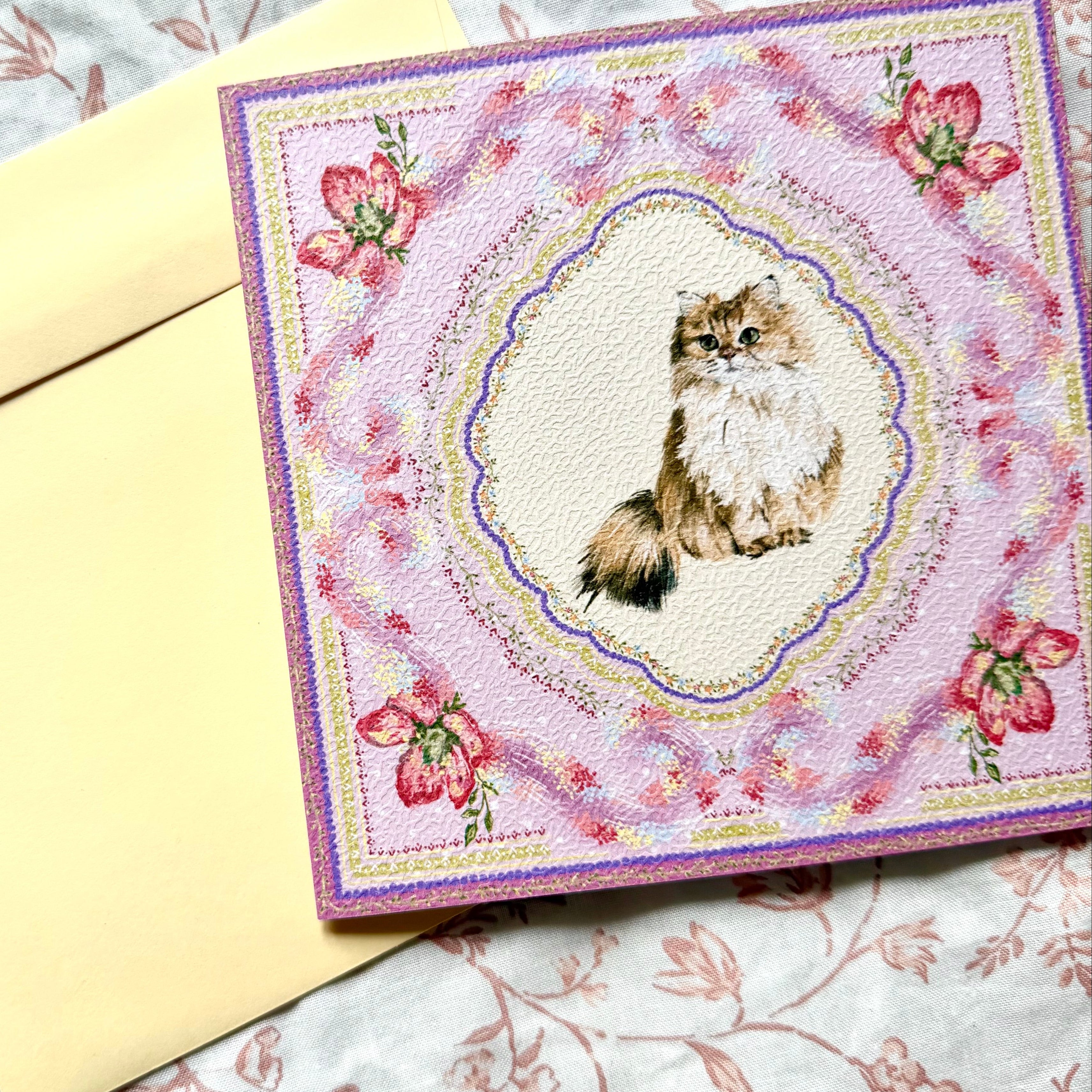"Wisteria Petal Reverie" Golden Chinchilla Persian Cat Greeting Card