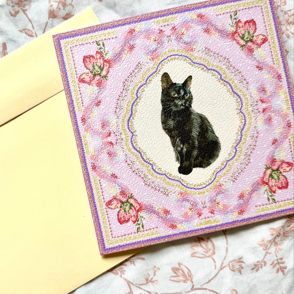 "Wisteria Petal Reverie" Black Domestic Shorthair Cat Greeting Card