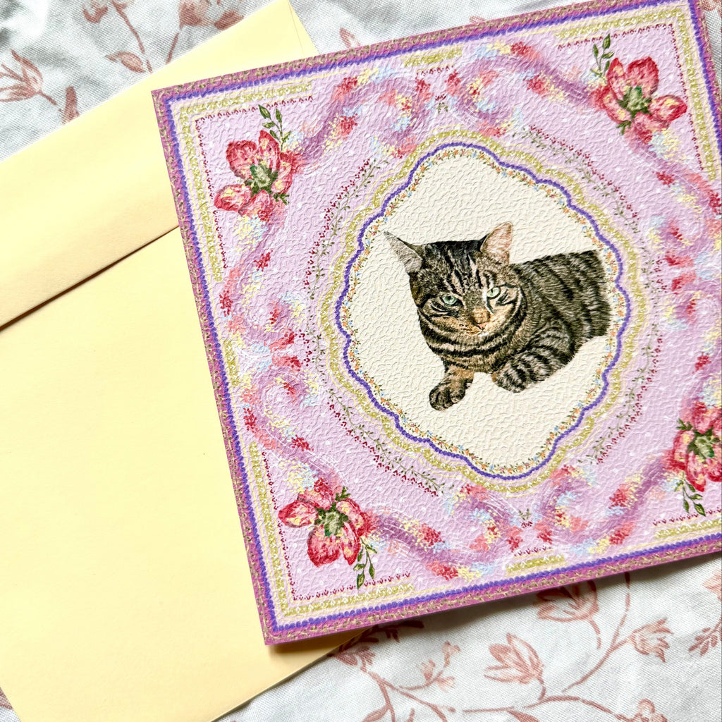 "Wisteria Petal Reverie" Brown Domestic Shorthair Tabby Cat Greeting Card