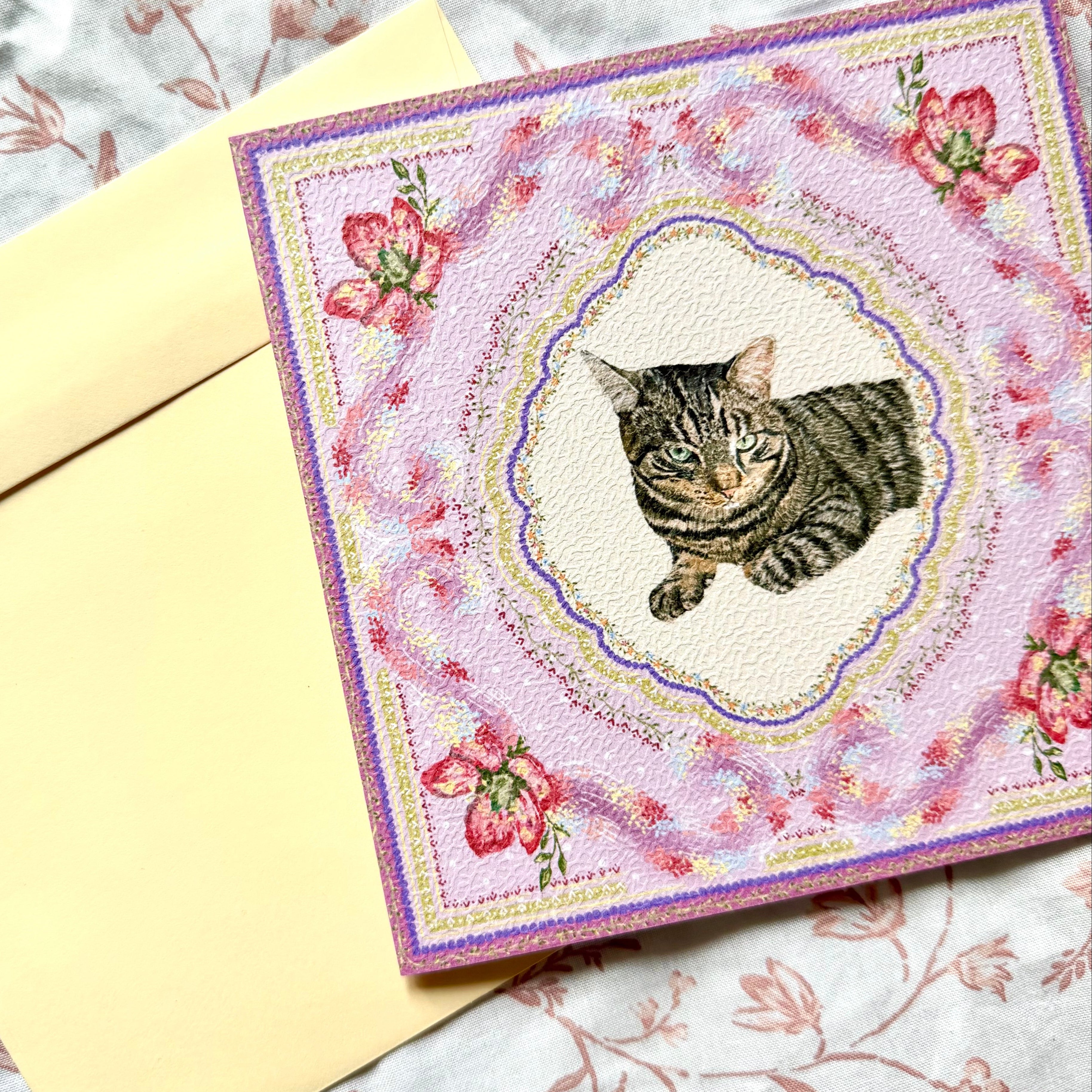 "Wisteria Petal Reverie" Brown Domestic Shorthair Tabby Cat Greeting Card