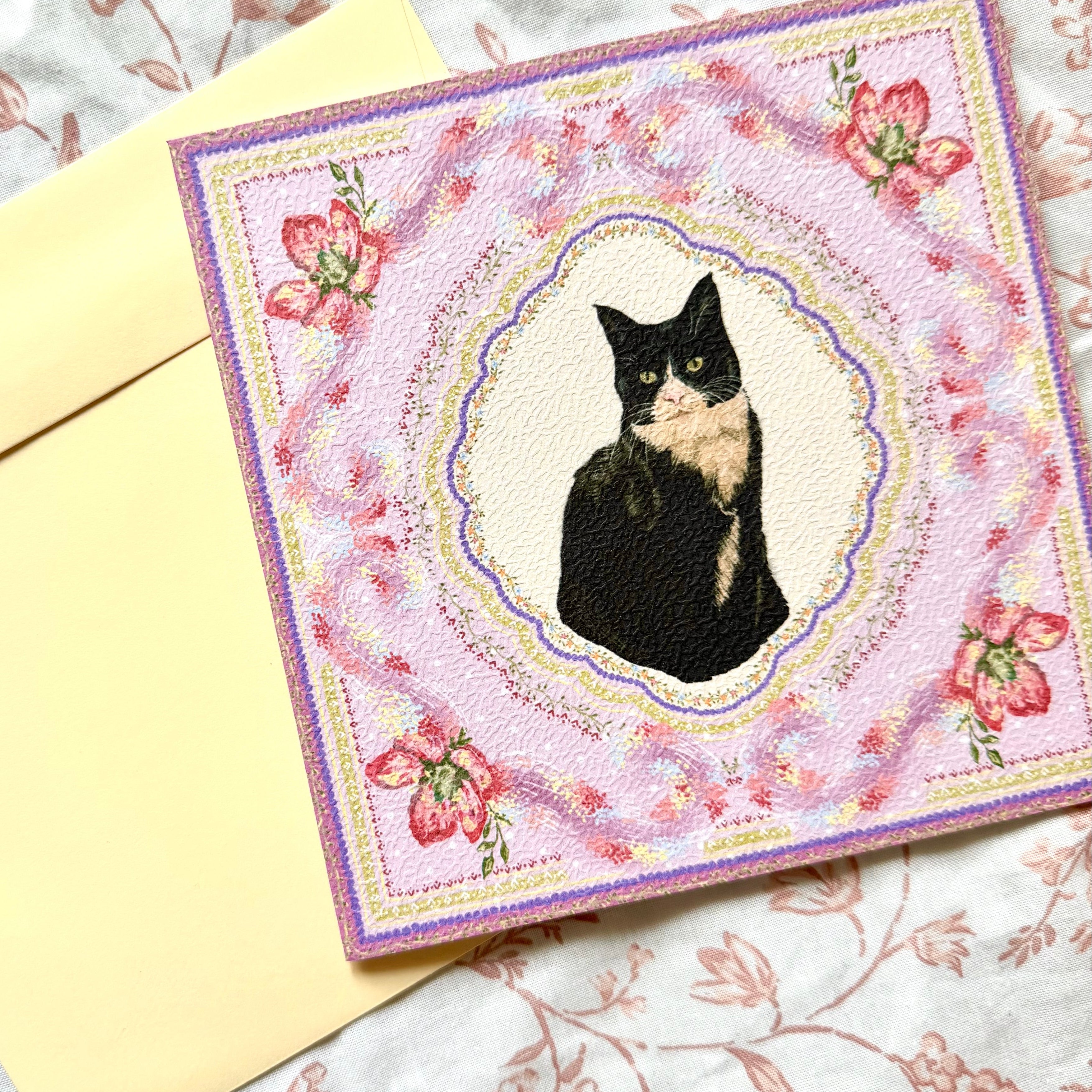 "Wisteria Petal Reverie" Black & White Tuxedo Domestic Shorthair Cat Greeting Card