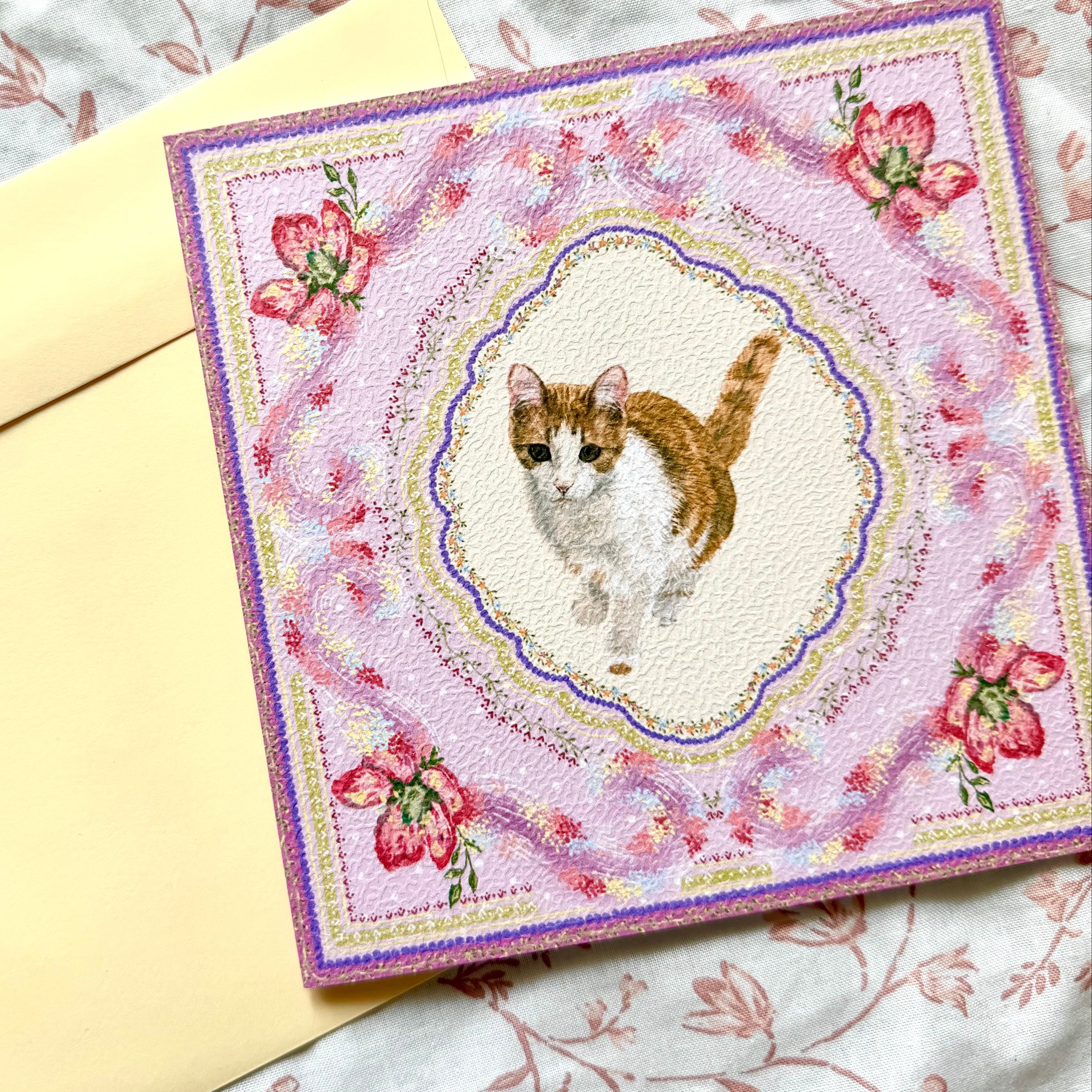 "Wisteria Petal Reverie" Ginger & White Domestic Shorthair Cat Greeting Card