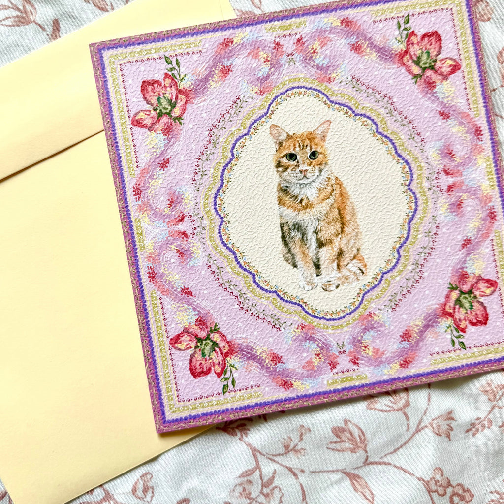 "Wisteria Petal Reverie" Orange Domestic Shorthair Cat Greeting Card