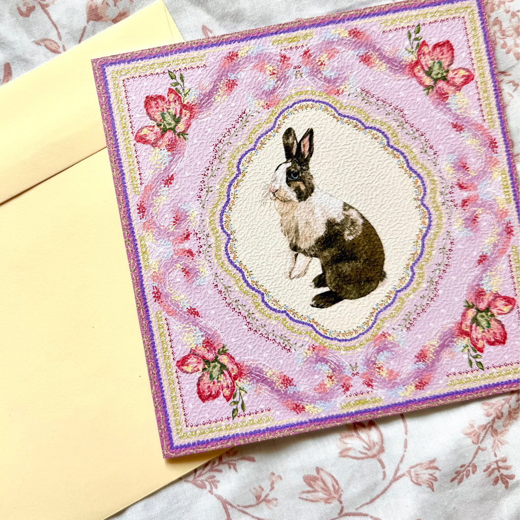 "Wisteria Petal Reverie" Chocolate & White Dutch Rabbit Greeting Card