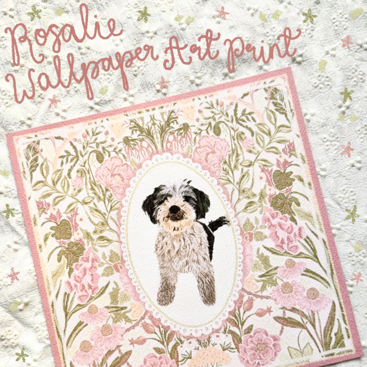 "Rosalie Wallpaper" Black & White Shih-Poo (Shih Tzu x Poodle) #2 Art Print