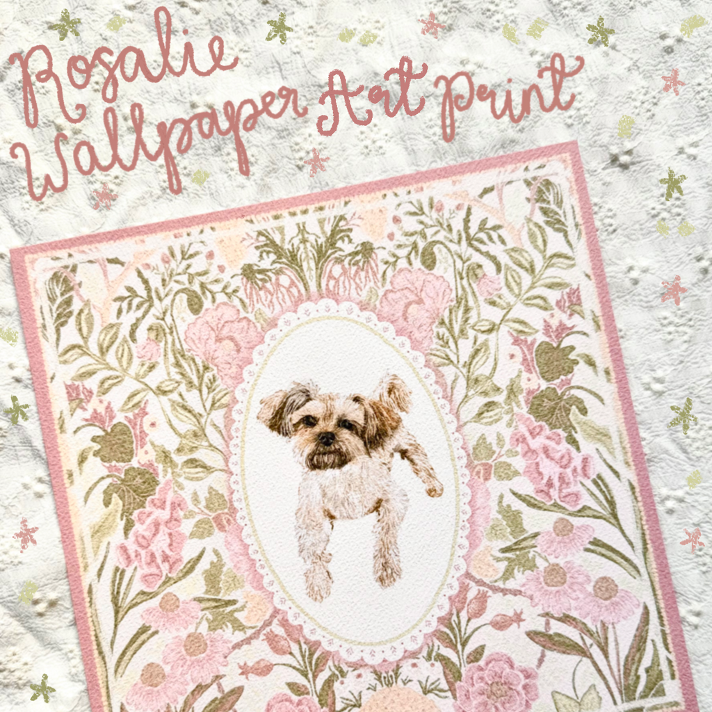 "Rosalie Wallpaper" Golden & Cream Yorkshire Terrier Mix Art Print