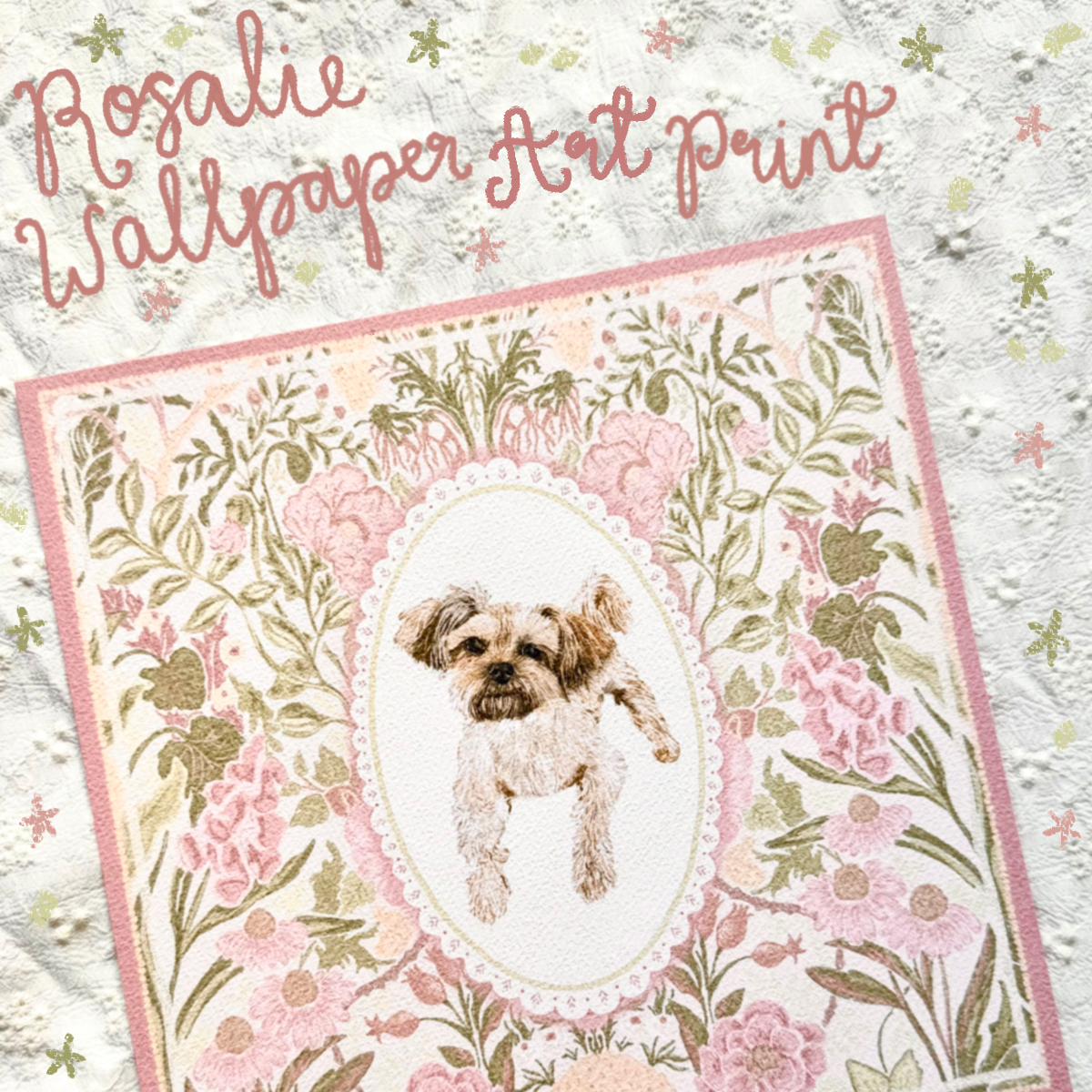 "Rosalie Wallpaper" Golden & Cream Yorkshire Terrier Mix Art Print