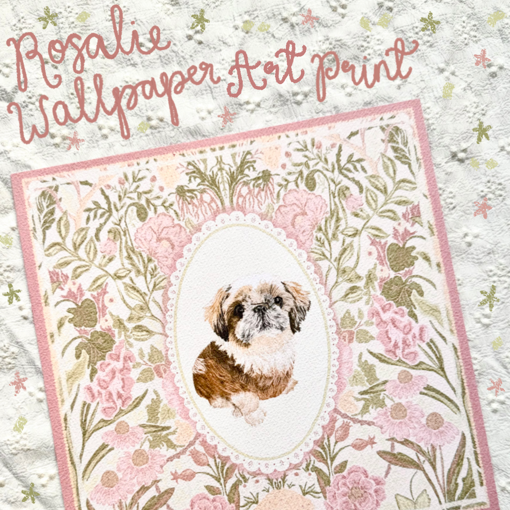 "Rosalie Wallpaper" Gold & White Shih Tzu Art Print