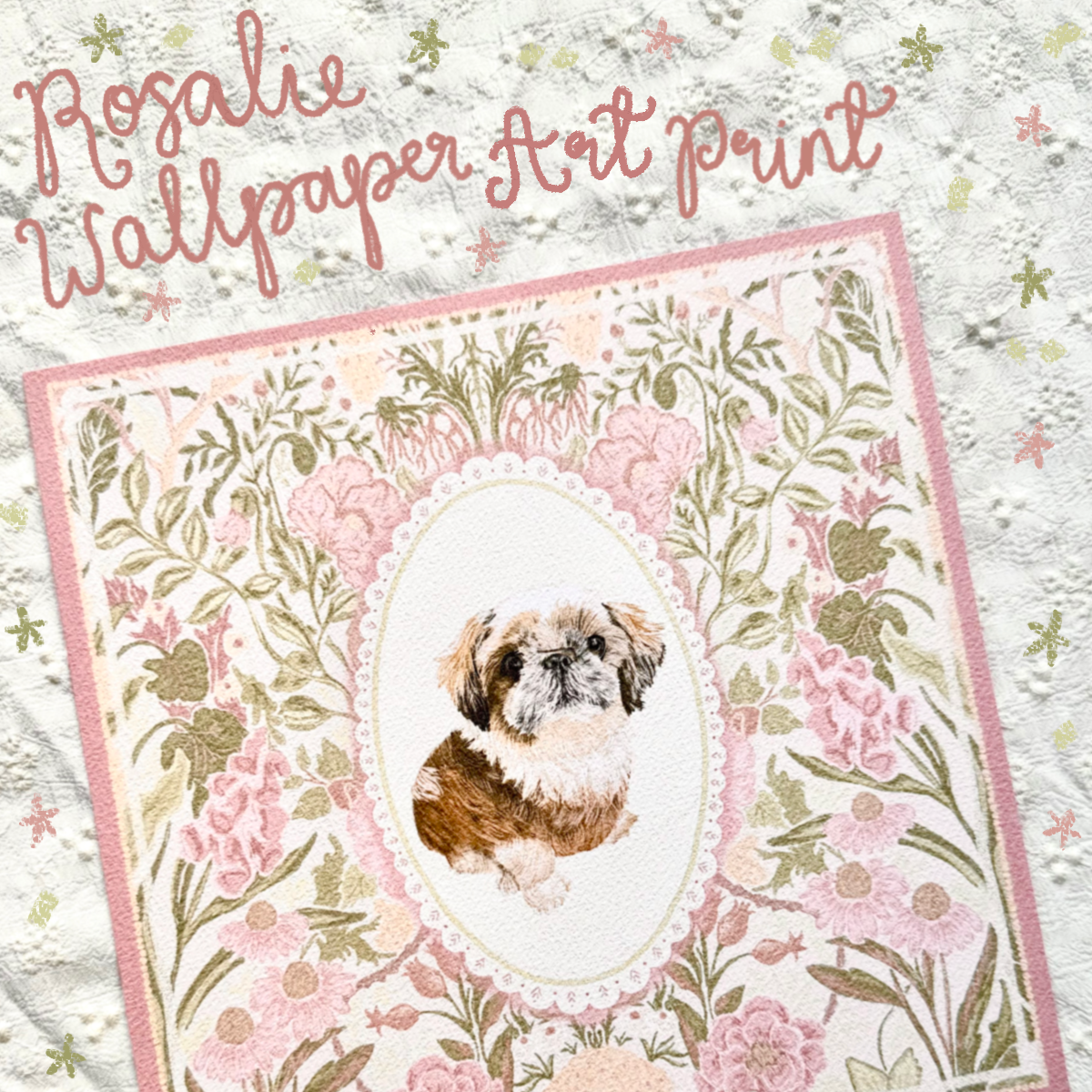 "Rosalie Wallpaper" Gold & White Shih Tzu Art Print
