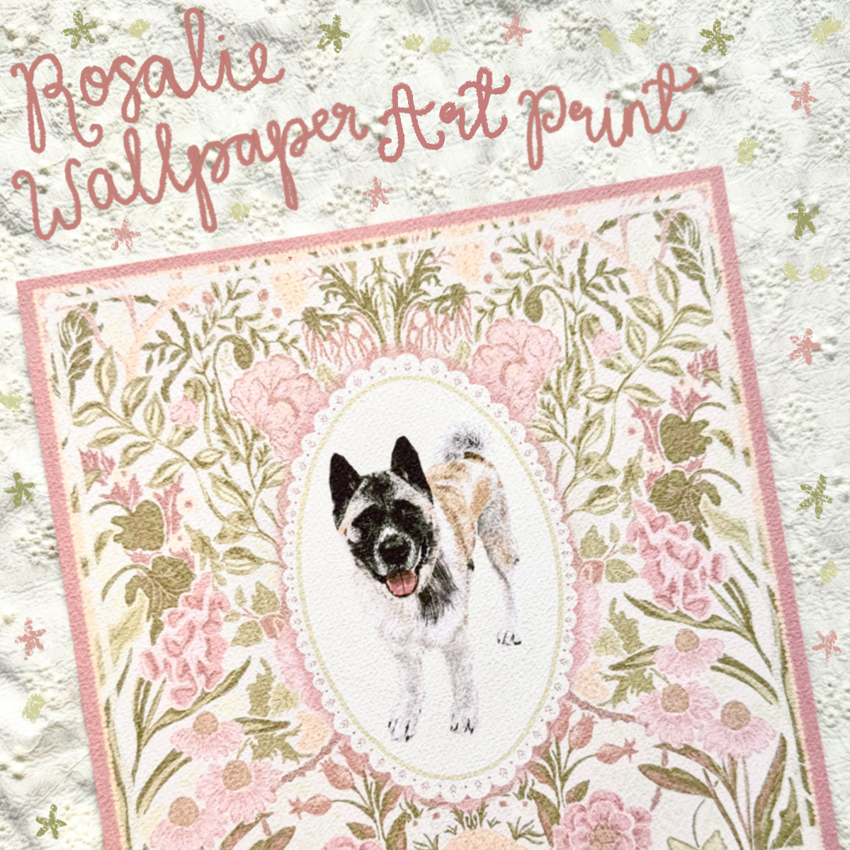 "Rosalie Wallpaper" Silver & White (with Black Mask) American Akita Art Print