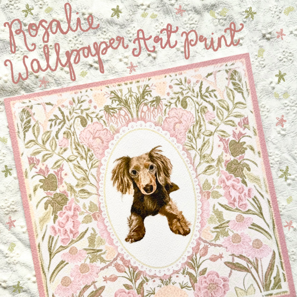 "Rosalie Wallpaper" Chocolate Dapple Long-Haired Dachshund Art Print