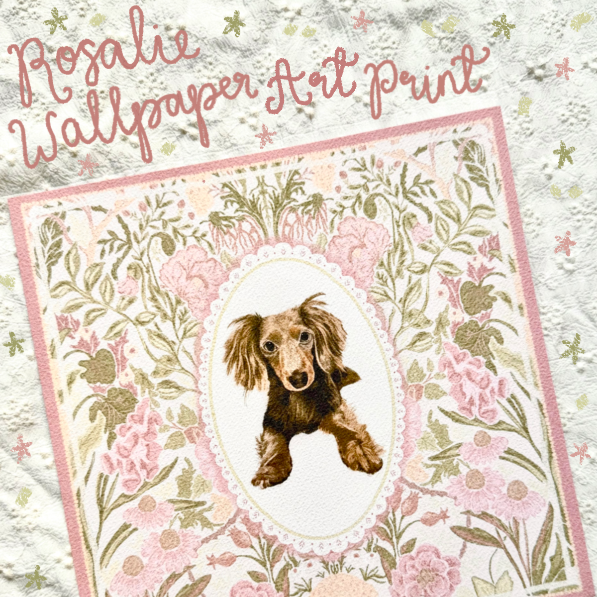 "Rosalie Wallpaper" Chocolate Dapple Long-Haired Dachshund Art Print