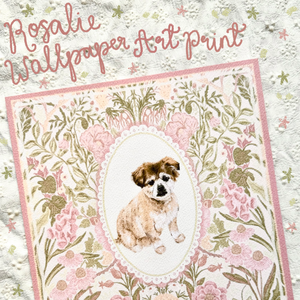 "Rosalie Wallpaper" Cream & Tan Shiranian (Pomeranian x Shih Tzu) Art Print