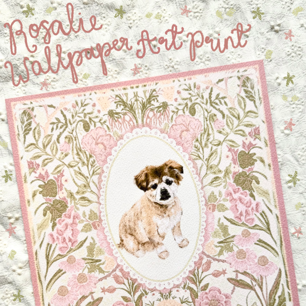 "Rosalie Wallpaper" Cream & Tan Shiranian (Pomeranian x Shih Tzu) Art Print