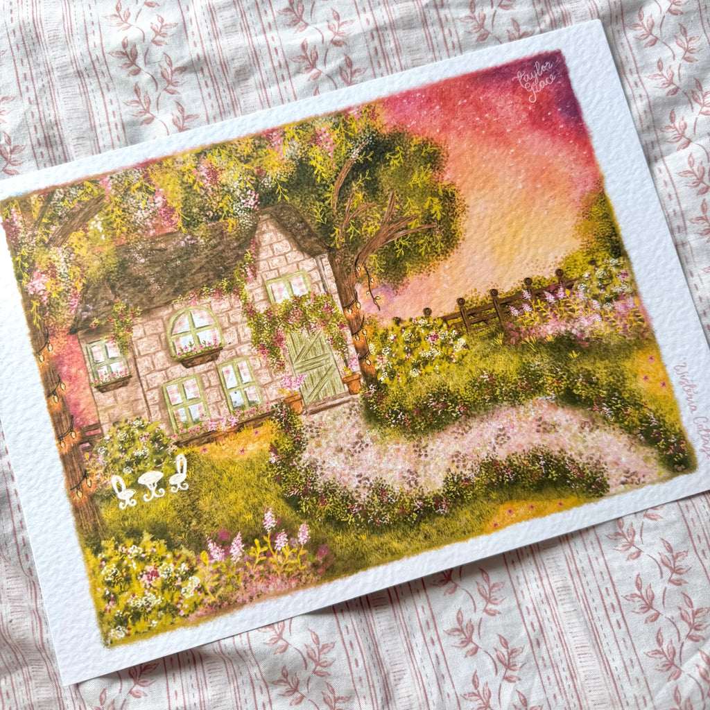 Wisteria Cottage - Whimsical Floral Art Print